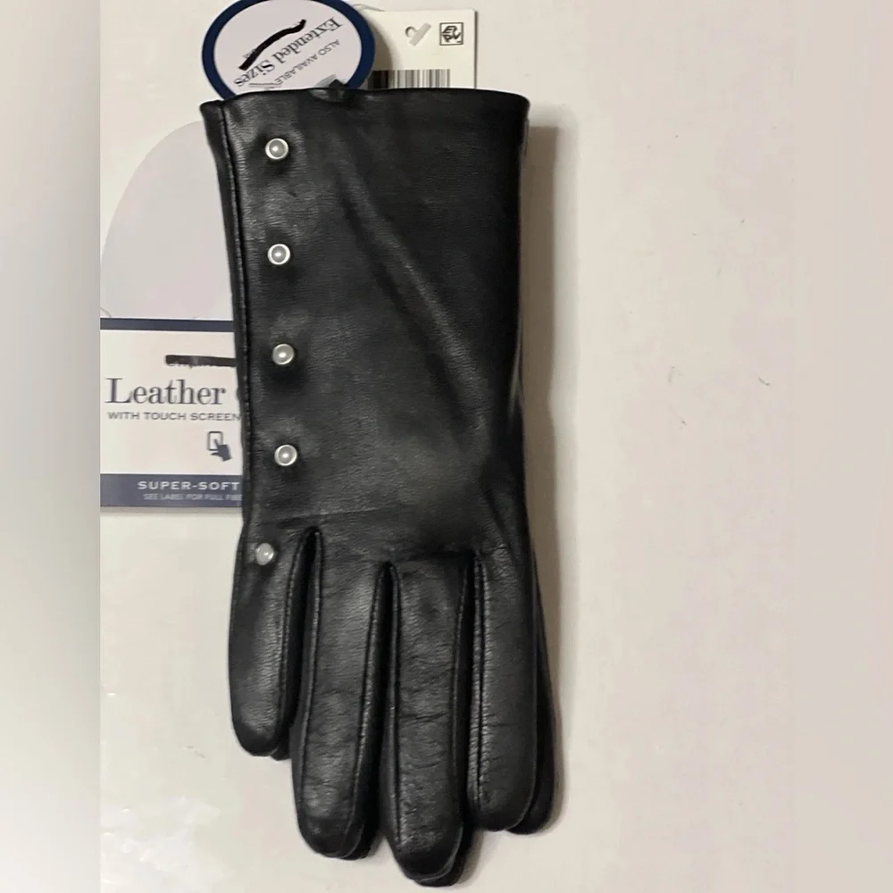 Charter Club Leather Gloves Women Sz XS Black Touch Screen Tech Faux Fur Lining